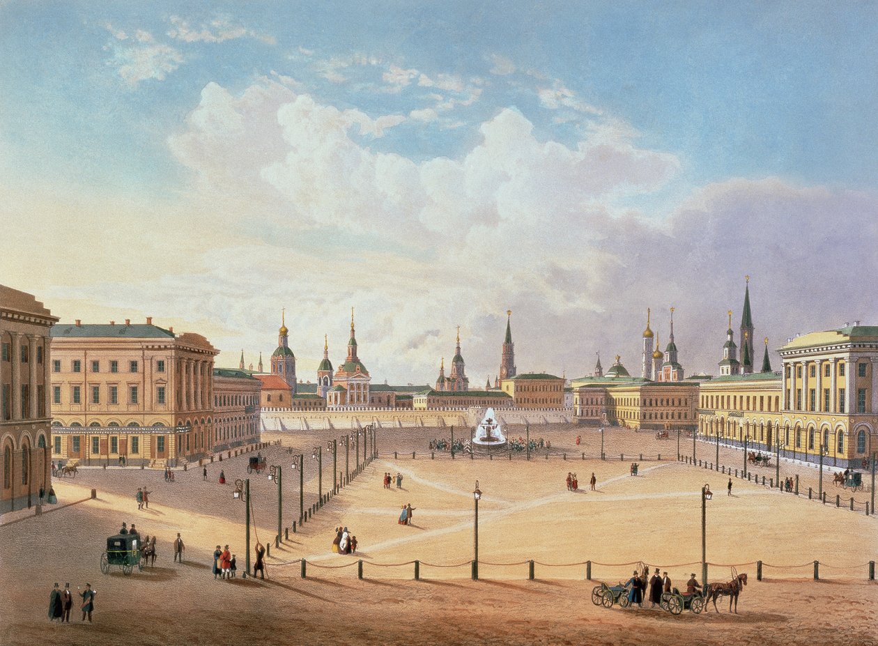 Theater Square Moskovassa, painatus Jacottet ja Bachelier, 1830 (värilitografia) tekijältä French School