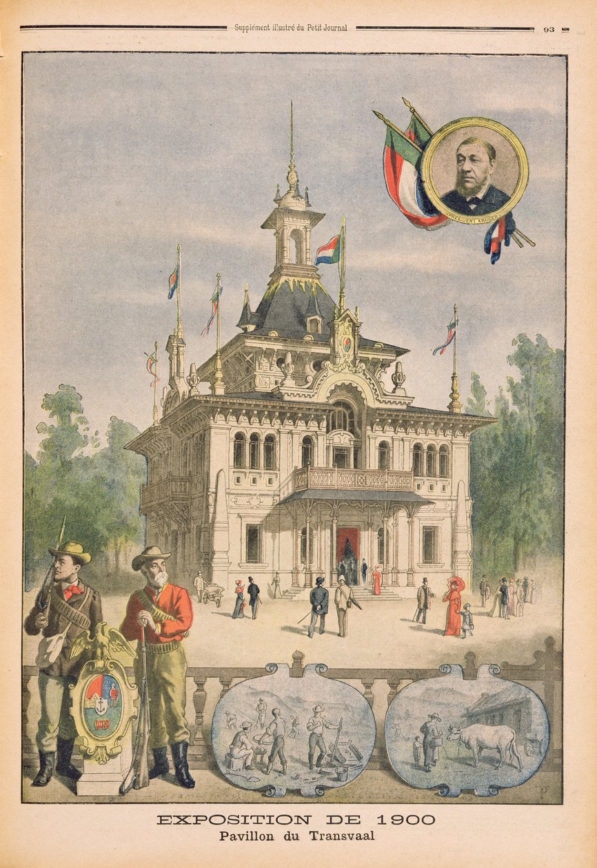 Transvaalin paviljonki vuoden 1900 maailmannäyttelyssä Pariisissa, kuvitus Le Petit Journalin kuvaliitteestä, 25. maaliskuuta 1900. tekijältä French School