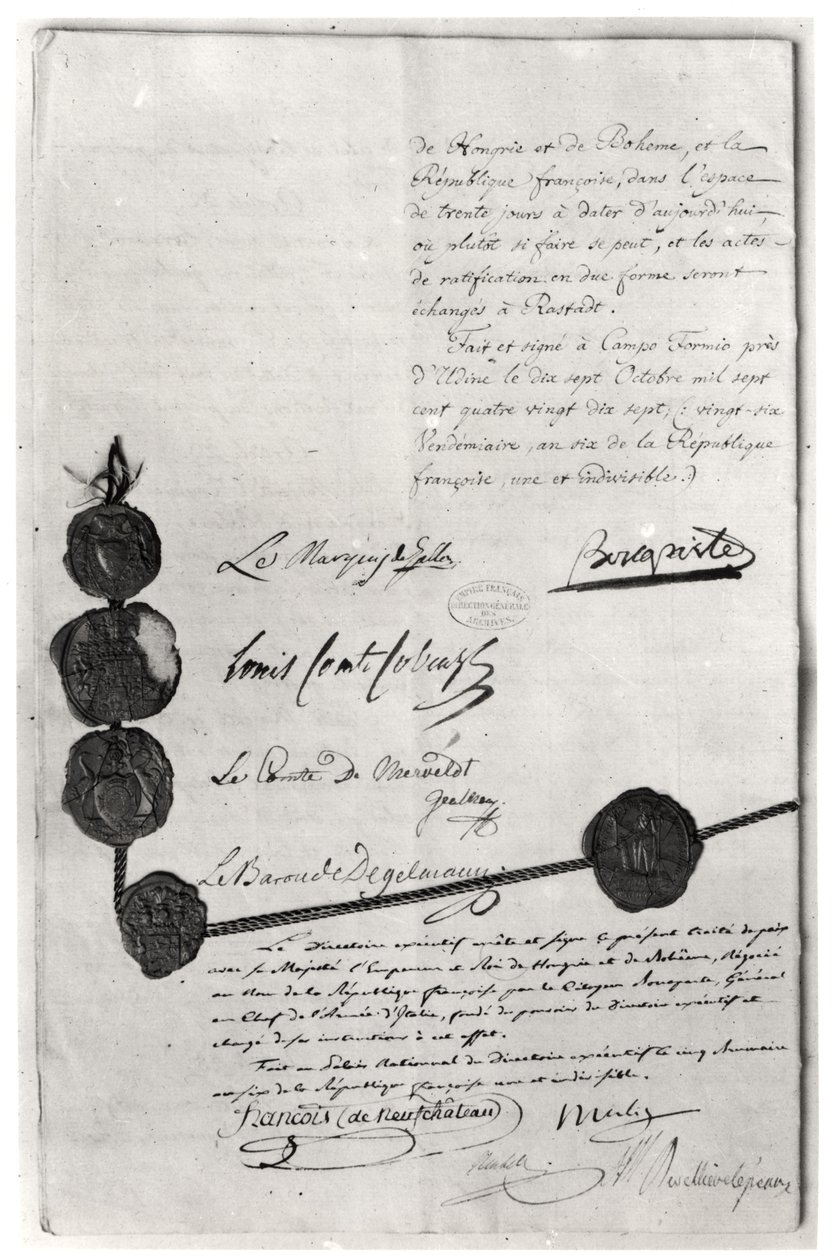 Napoleon Bonaparten (1769-1821) allekirjoittama Campo Formion sopimus 17. lokakuuta 1797 tekijältä French School