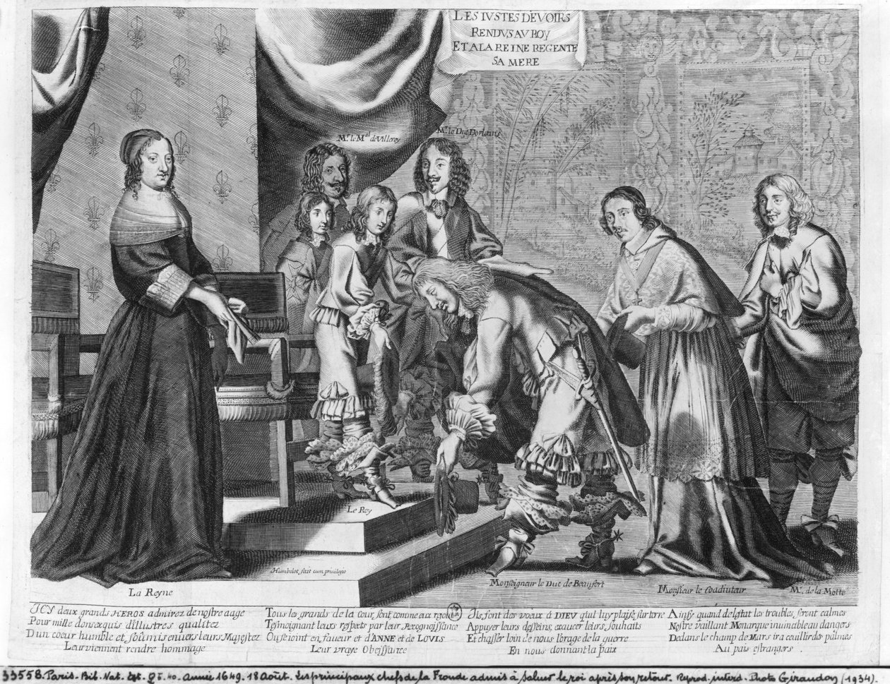Fronden päälliköt myönsivät tervehtineensä kuningas Ludvig XIV:tä (1638-1715) hänen palattuaan, 18. elokuuta 1649. tekijältä French School