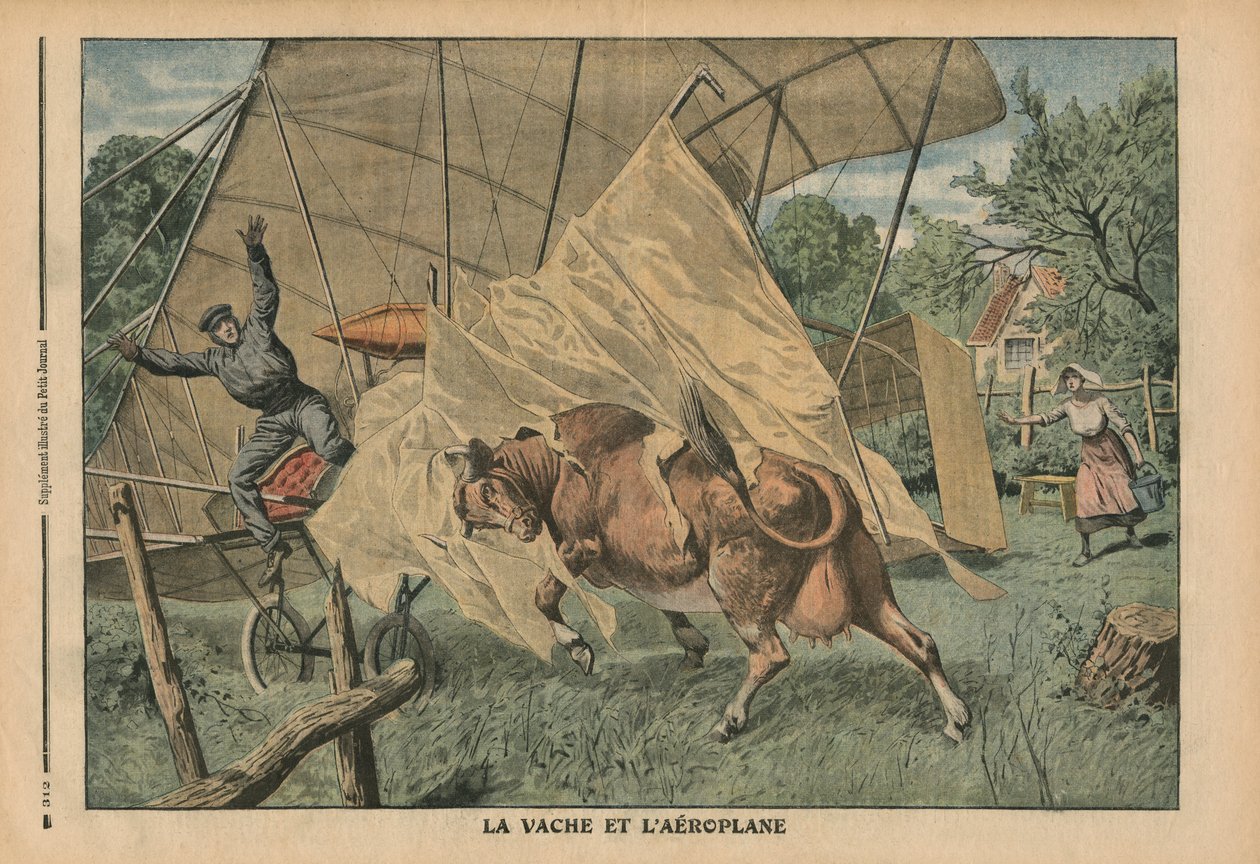 Lehmä ja lentokone, kuvitus Le Petit Journalista, liitekuva, 25. syyskuuta 1910 tekijältä French School