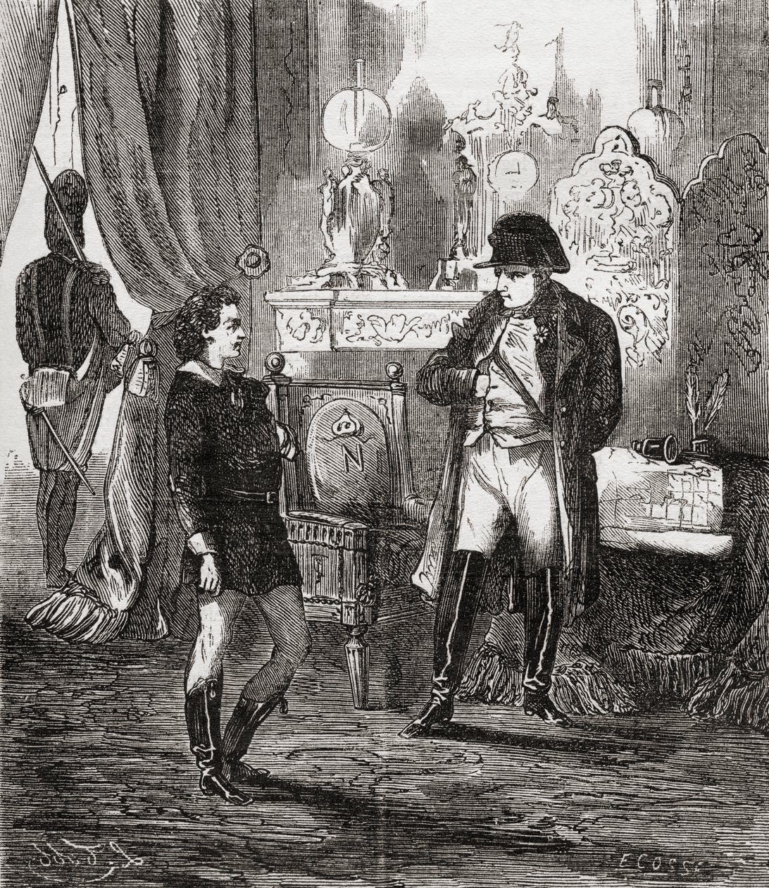 Friedrich Stabsin kuulustelu epäonnistuneen Napoleon I:n salamurhayrityksen jälkeen vuonna 1809, lähteestä "Societes Secretes, les Francs Macons", julkaistu noin vuonna 1867. tekijältä French School