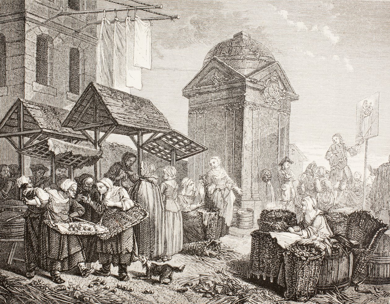 Markkinat Place Maubertissa Pariisissa 1700-luvulla Jeauratin teoksen jälkeen julkaisusta "XVIII Siecle Institutions, Usages et Costumes", julkaistu 1875 tekijältä French School