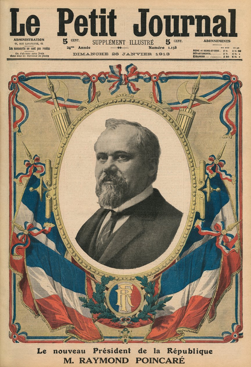 Ranskan tasavallan uusi presidentti Raymond Poincare, etukannen kuvitus Le Petit Journalin kuvaliitteestä, 26. tammikuuta 1913. tekijältä French School