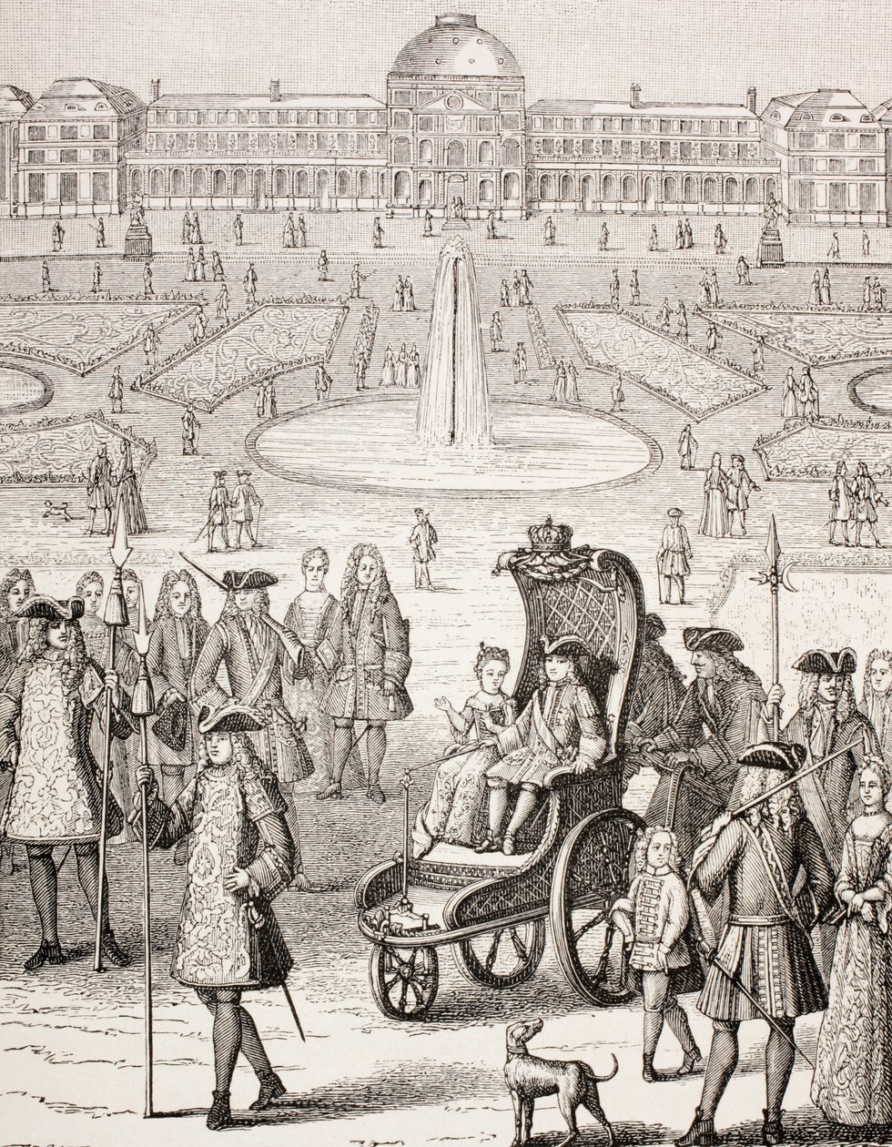 Nuori kuningas Ludvig XV kävelee vaunuissa Tuileries Gardensissa Pariisissa, julkaisusta "XVIII Siecle Institutions, Usages et Costumes", julkaistu 1875 tekijältä French School