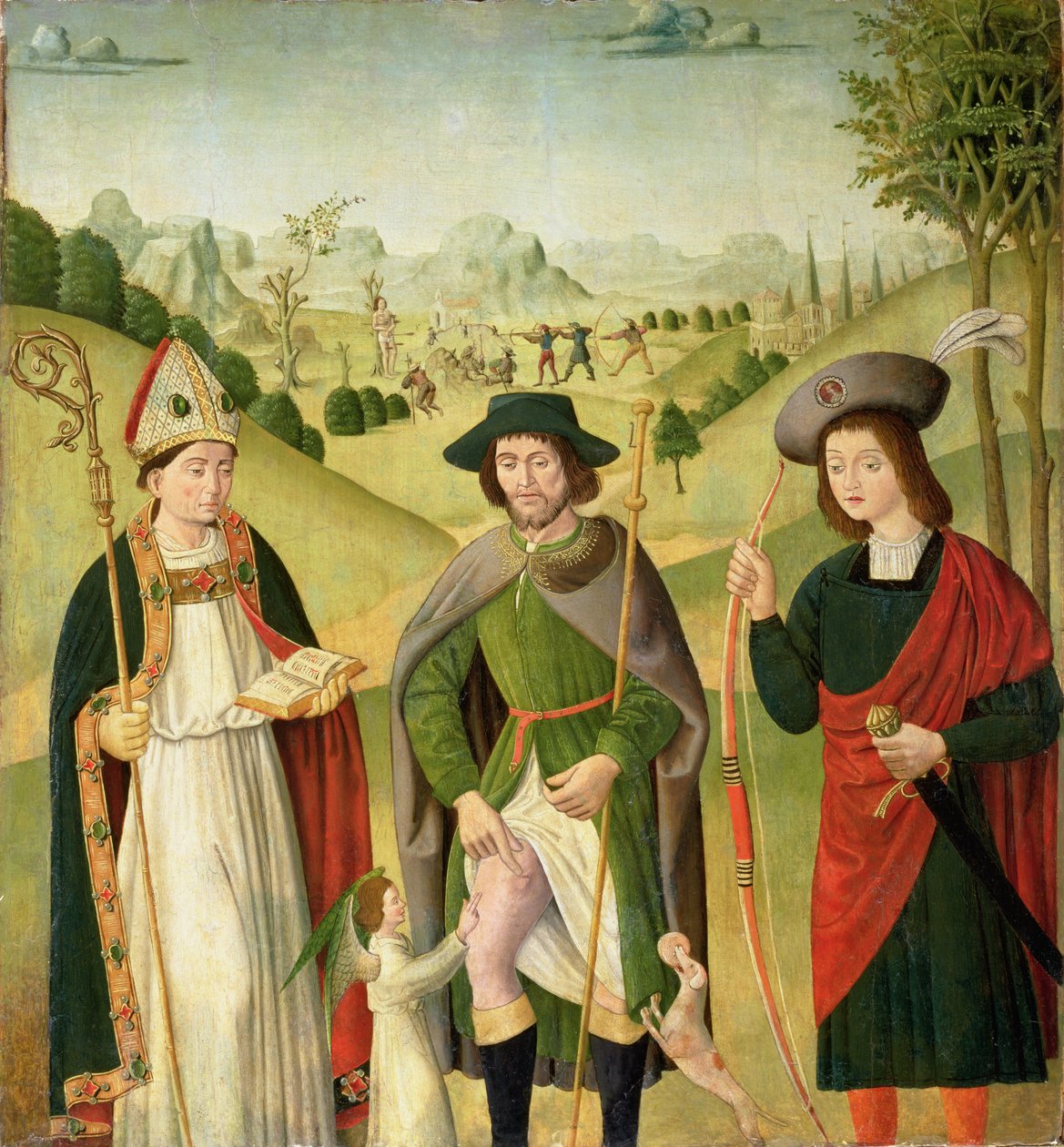 Kolme pyhää: Piispa Saint, St. Roch ja St. Sebastian, n. 1460-1480 tekijältä French School