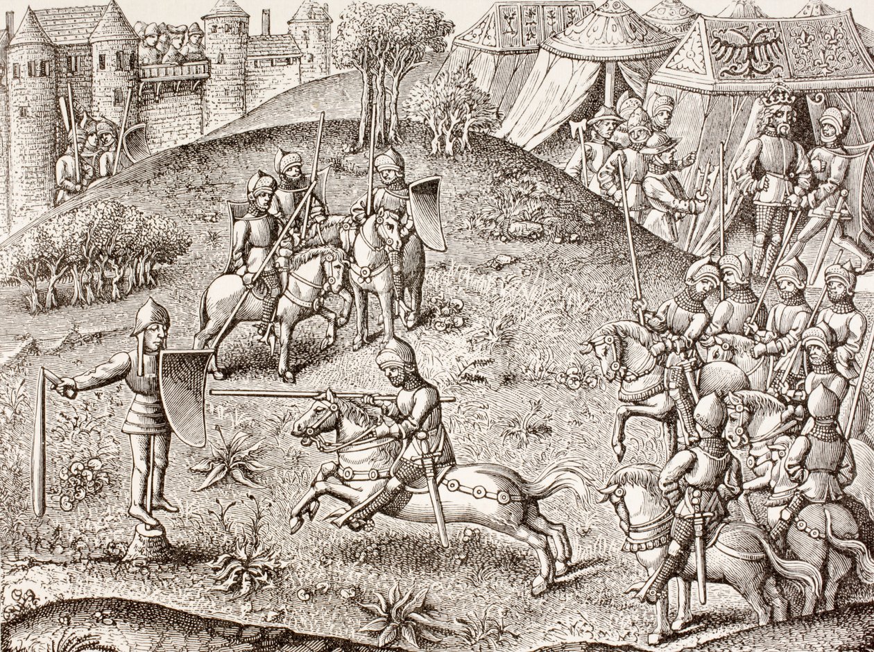 Kallistuu kvintiiniin, pyörivään ritarin muotoon, Paul Lacroixin teoksesta Military and Religious Life in the Middle Ages, julkaistu Lontoossa n. 1880 tekijältä French School