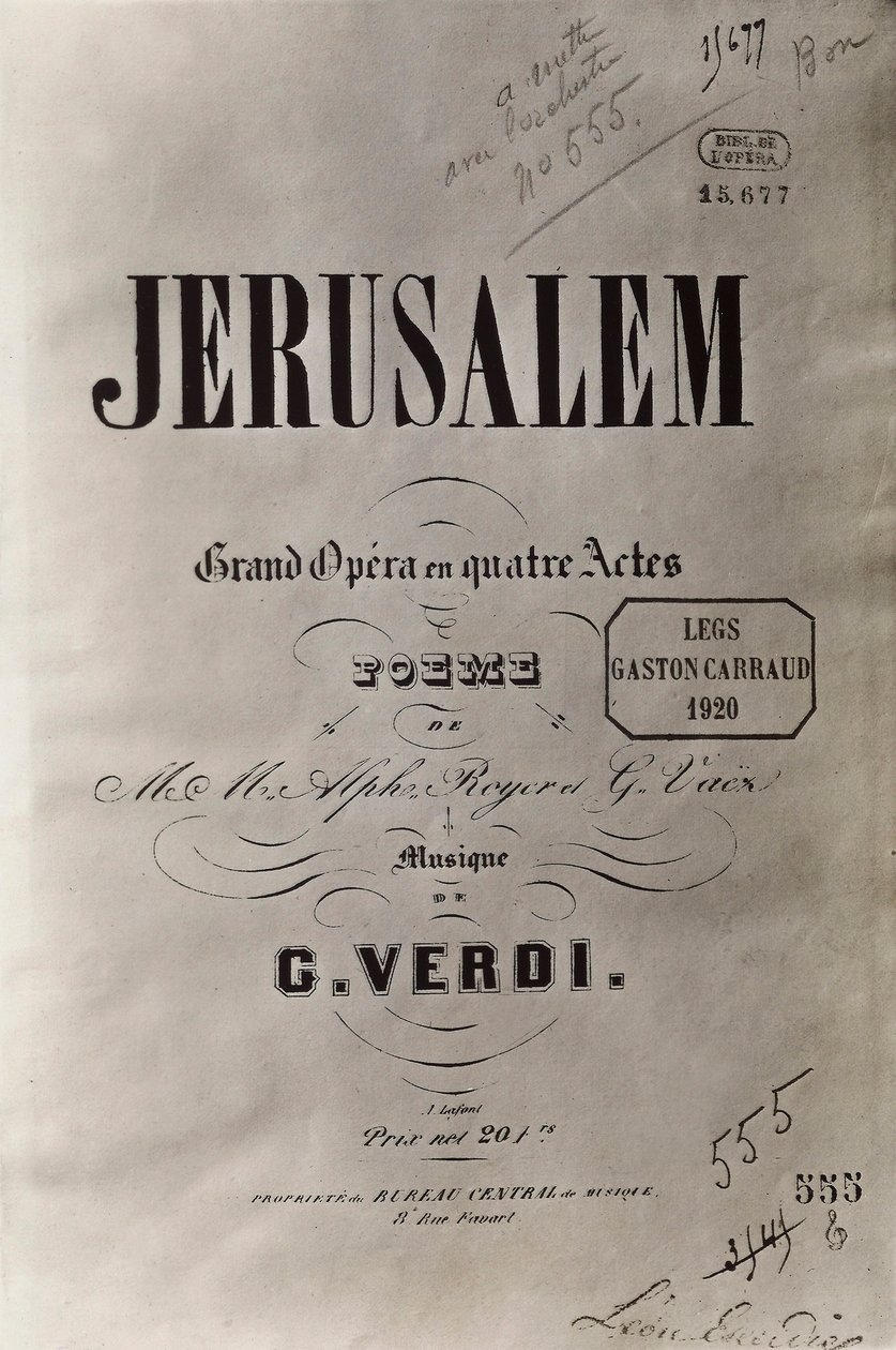 Oopperan nimisivu Jerusalem, n. 1847 tekijältä French School