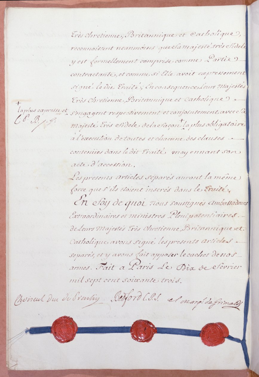 Seitsemänvuotisen sodan päättävä Pariisin rauhansopimus, jonka Ranska, Iso-Britannia ja Espanja allekirjoittivat 10. helmikuuta 1763 tekijältä French School