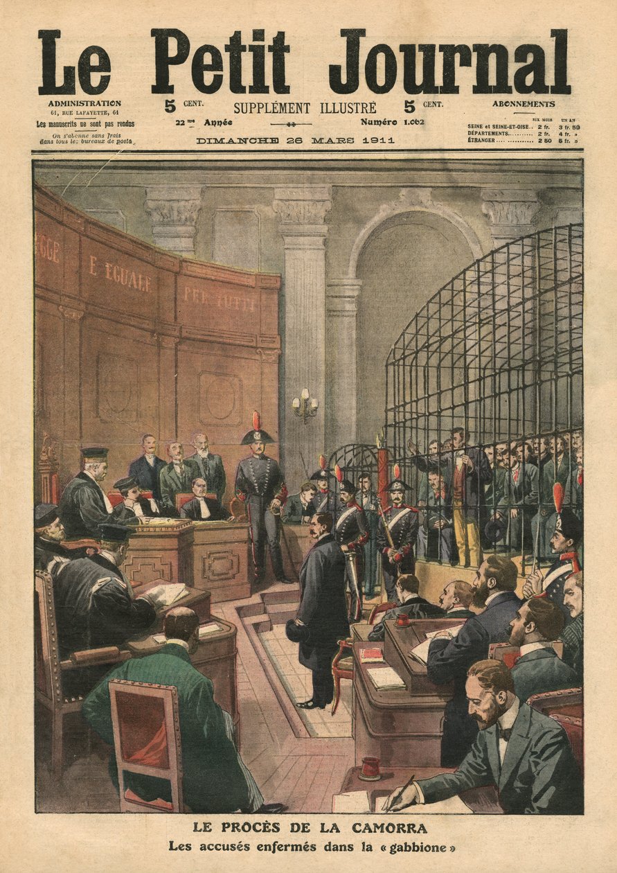 Camorran oikeudenkäynti, kuvitus "Le Petit Journalista", liitekuva, 26. maaliskuuta 1911 tekijältä French School