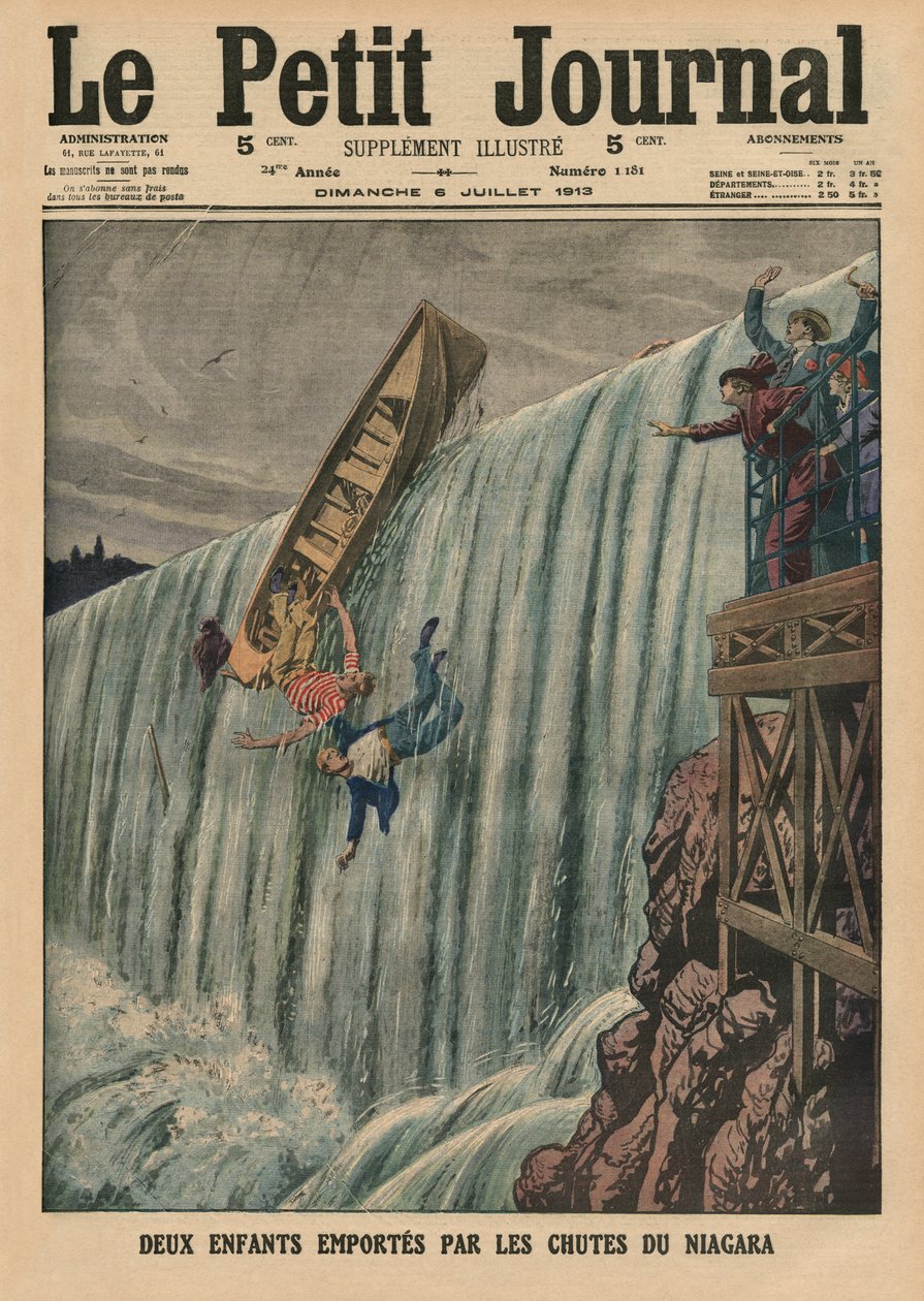 Kaksi lasta mukana Niagaran putouksilla, etukannen kuvitus "Le Petit Journalista", liitekuva, 6. heinäkuuta 1913 tekijältä French School