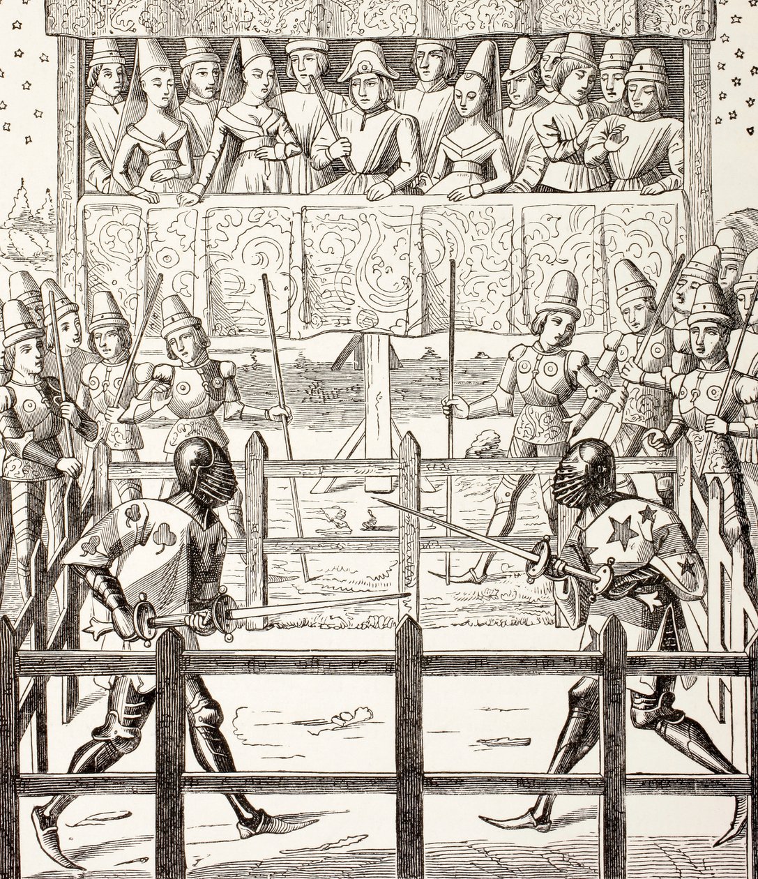 Kaksi taistelijaa aloittavat oikeudellisen kaksintaistelun Paul Lacroixin julkaisusta Military and Religious Life in the Middle Ages, Lontoo n. 1880 tekijältä French School