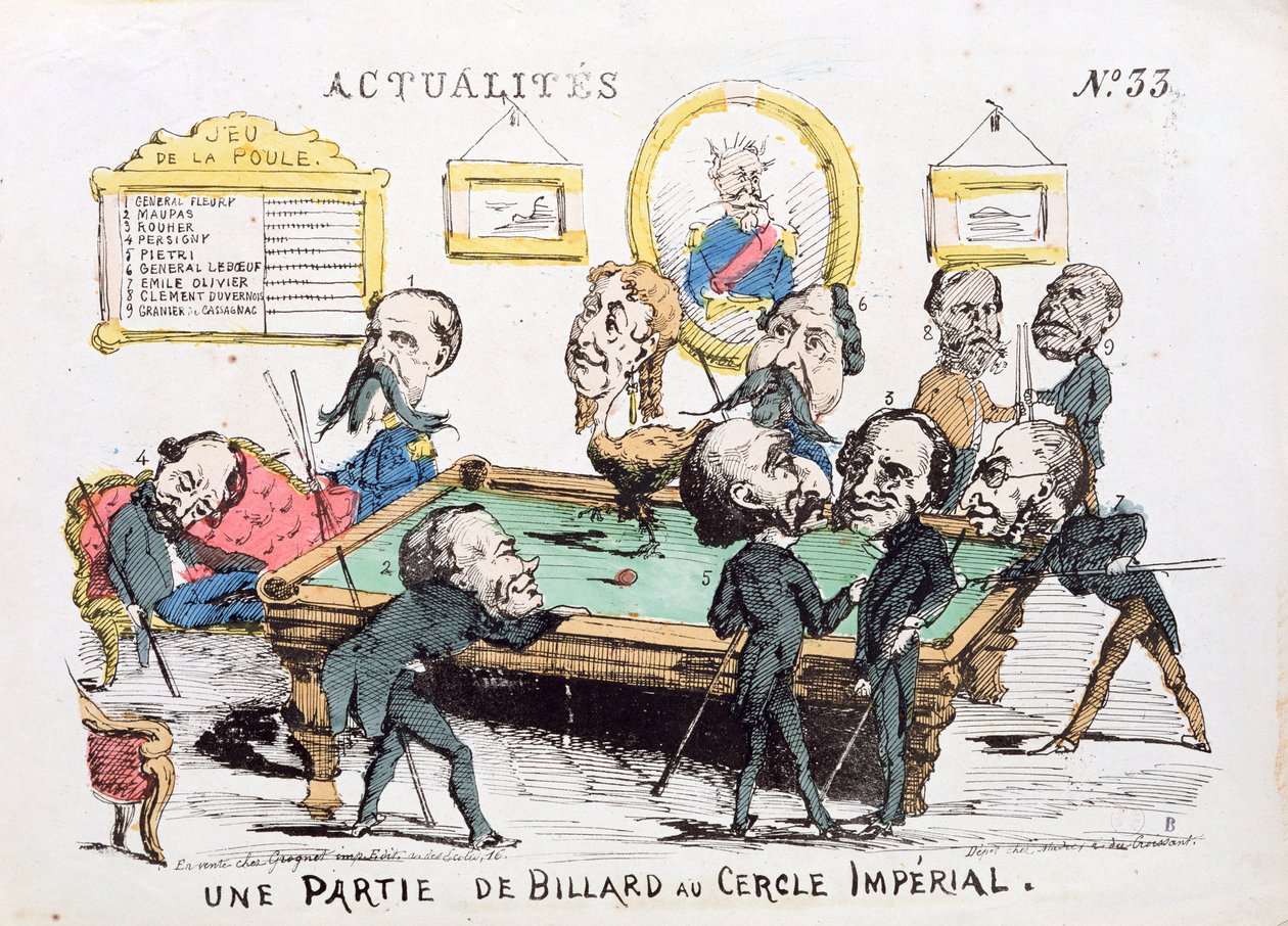 "Une Partie de Billard au Cercle Imperial", karikatyyri toisen imperiumin yhteiskunnasta, "Actualites" -lehden numero 33, 1870 tekijältä French School