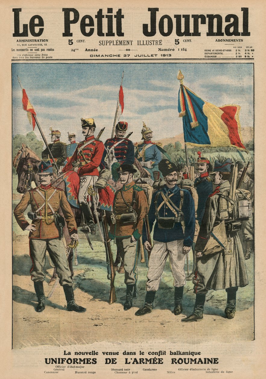 Romanian armeijan univormut, etukannen kuvitus "Le Petit Journalista", liitekuva, 27. heinäkuuta 1913 tekijältä French School