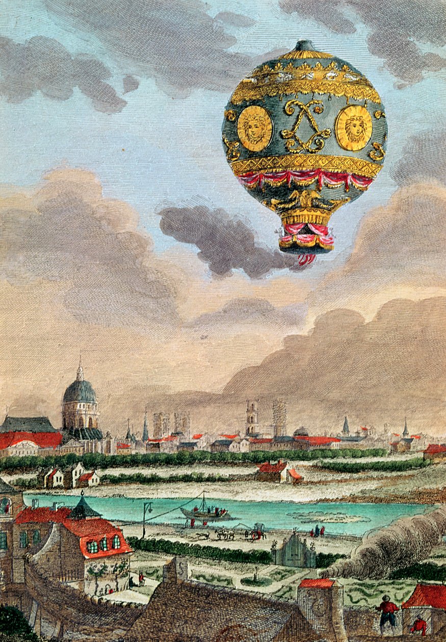 Näkymä monsieur Franklinin terassilta Passyssa ensimmäisestä lennosta herra de Montgolfierin johdolla 21. marraskuuta 1783 tekijältä French School