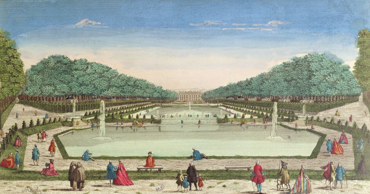 Näkymä puutarhaan ja Chateau of Marlylle (värikaiverrus) tekijältä French School