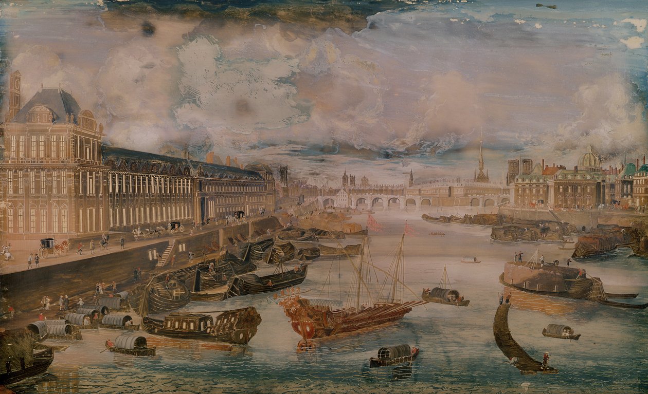 Näkymä Seinenelle, Louvren Grande Galerielle ja College des Quatre Nationsille, n. 1680 tekijältä French School