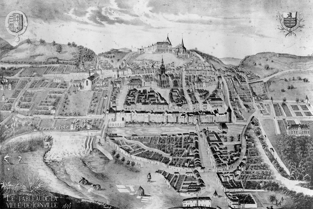 Näkymä linnalle ja Joinvillen kaupunkiin, maalauksesta vuodelta 1639 tekijältä French School