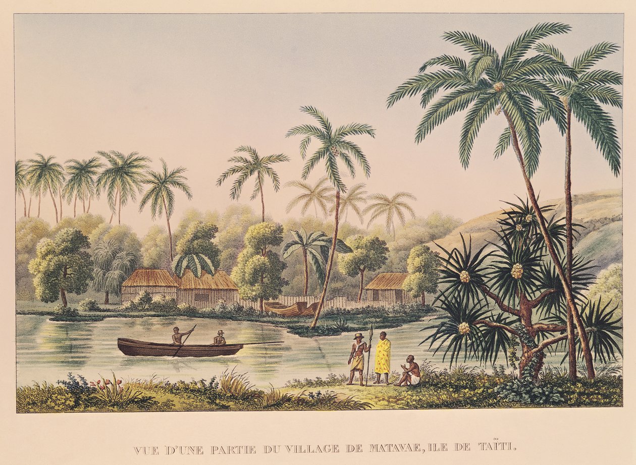 Matavaen kylä, Tahiti, kuvitus teoksesta Voyage autour du Monde sur la Corvette Coquille, luutnantti Louis Isodore Duperrey tekijältä French School