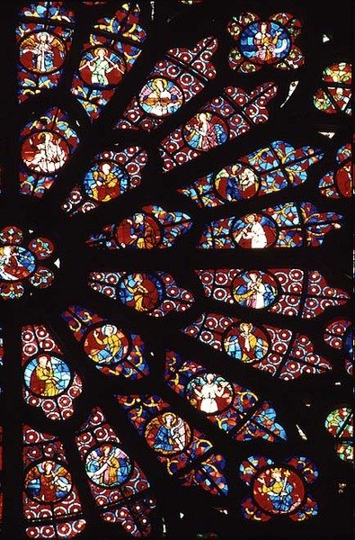 Länsiruusuikkuna, yksityiskohta Neitsyt Marian kuolemasta, noin 1270 (ks. myös 220813). tekijältä French School