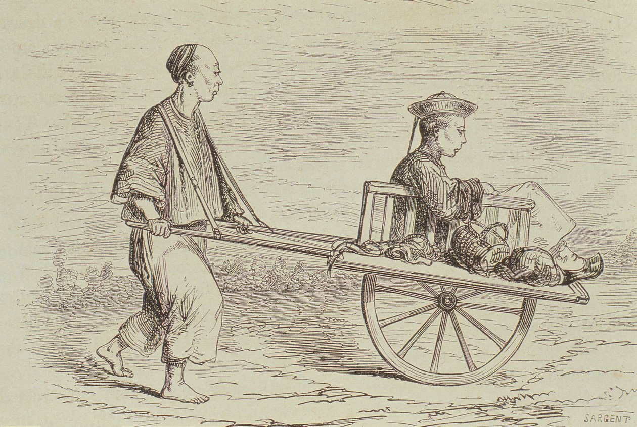 Kottikärrytaksi 1850-luvulla, Kiina, kaiverrus Alfred Louis Sargent (s.1828) Le Tour du Mondesta, julkaistu Pariisissa 1860-luvulla tekijältä French School