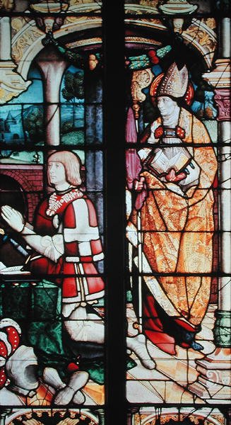 Ikkuna, joka kuvaa Philibert II:ta (1480-1504) Duc de Savoie ja St. Philibert, n. 1525-30 tekijältä French School