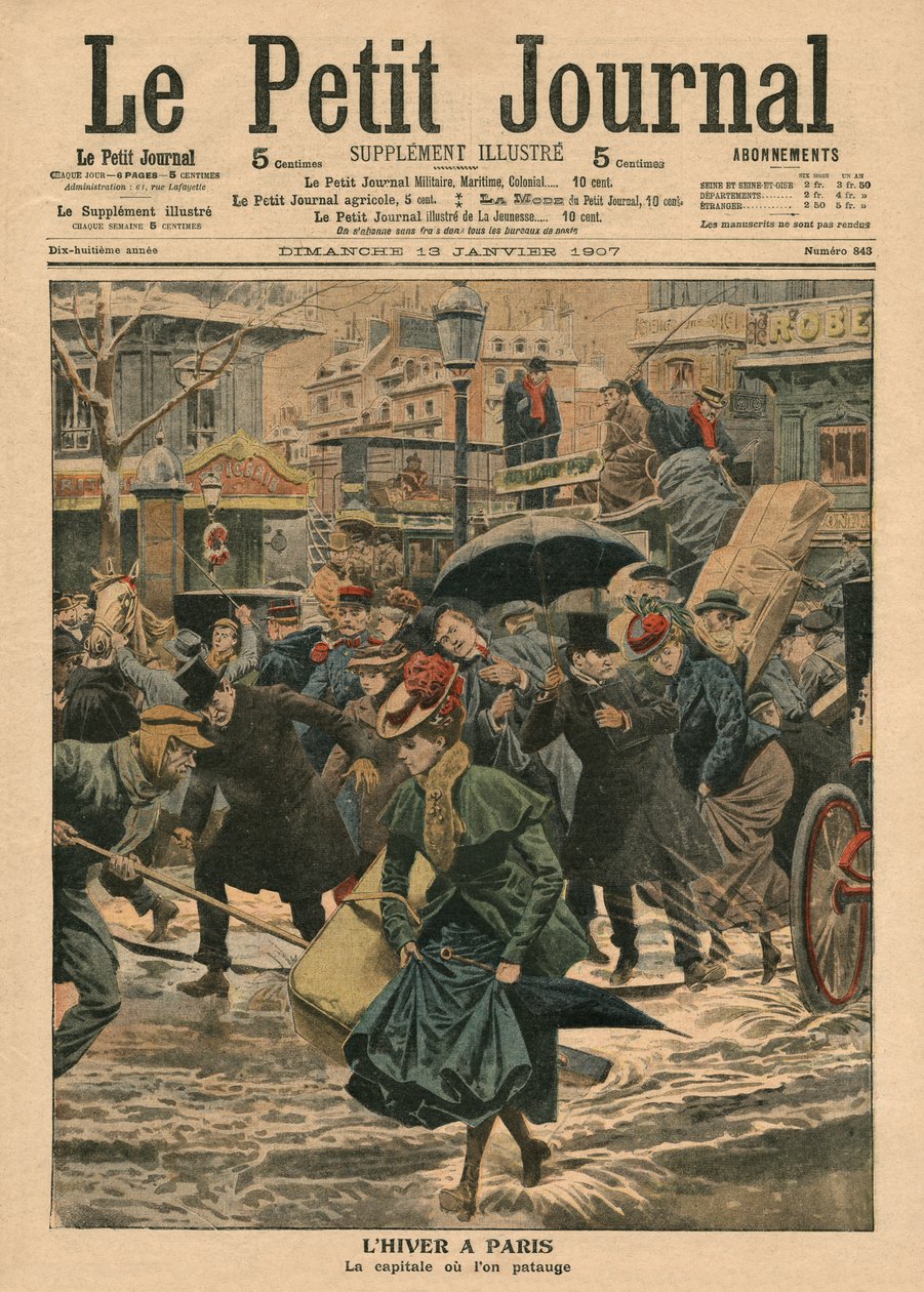 Talvi Pariisissa, kävely mudassa, kuvitus Le Petit Journalista, liitekuva, 13. tammikuuta 1907 tekijältä French School