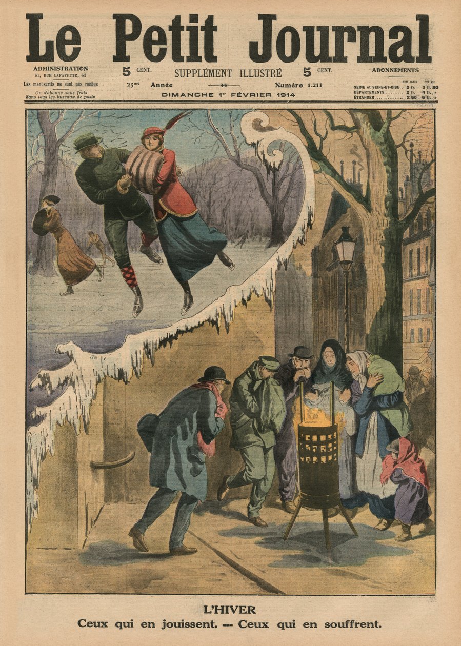 Talvi, siitä nauttivat, siitä kärsivät, etukannen kuvitus Le Petit Journalista, liitekuva, 1. helmikuuta 1914 tekijältä French School