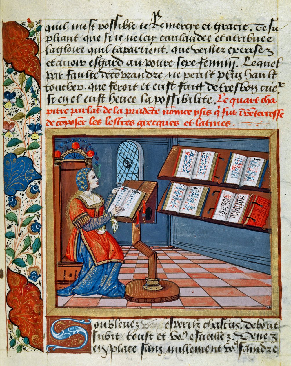 Nainen valaisemassa Catherine dAmboisen viisasten ja harkitsemattomien kirjaa, 1509 tekijältä French School