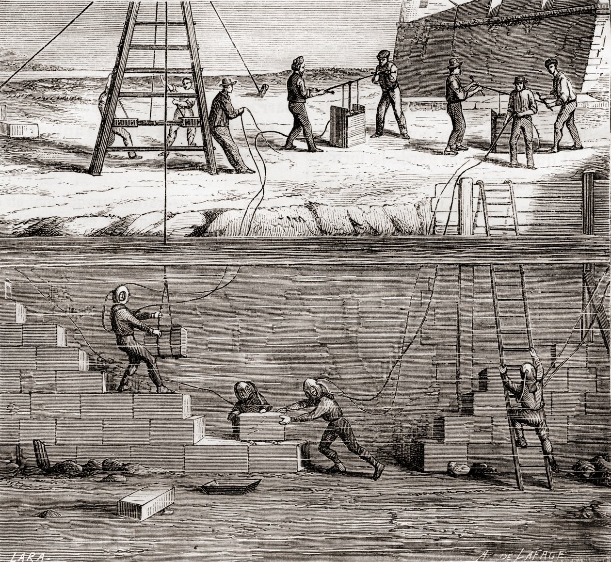 Työntekijät sukelluspukuissa työskentelemässä vedenalaisissa rakenteissa 1800-luvulla, Les Merveilles de la Science, julkaistu n. 1870 tekijältä French School