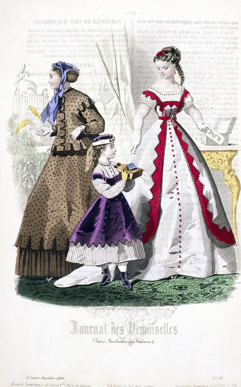 Nuoret naiset katsomassa stereovalokuvia, Journal des Demoiselles, joulukuu 1866 tekijältä French School