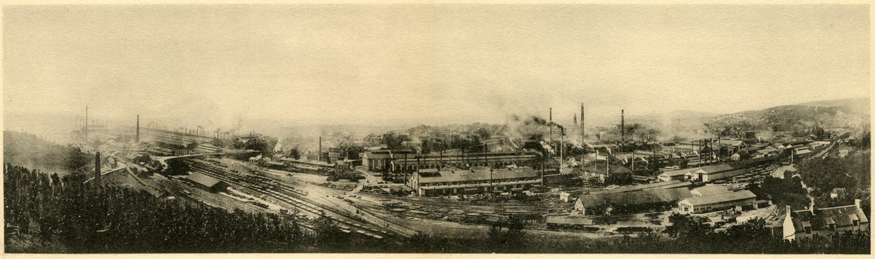 Le Creusot, panoraamanäkymä Schneider & Cie -yhtiön Album des Fers et Aaciers, 1895 tekijältä French Photographer