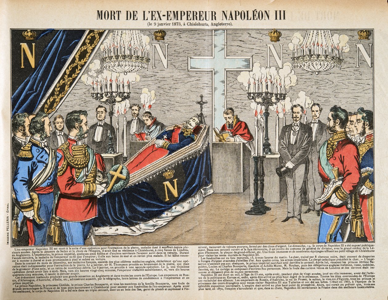 Ex-keisari Napoleon III:n kuolema, Histoire de la Troisieme Republique, Vol. I, Poliittinen historia, pub.1933 (väri litho) tekijältä French Photographer