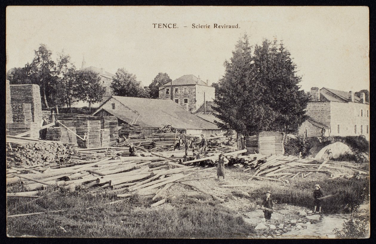 Postikortti, joka kuvaa Reviraud-sahaa Tencen Haute-Loiressa, n. 1900 tekijältä French Photographer