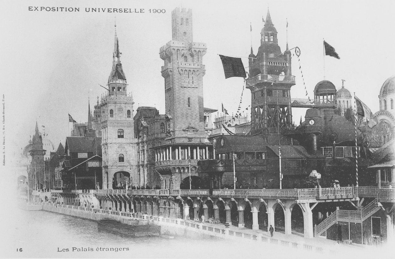 Postikortti, joka näyttää ulkomaiset paviljongit Rue des Nations -kadulla Exposition Universelle of 1900 -näyttelyssä tekijältä French Photographer
