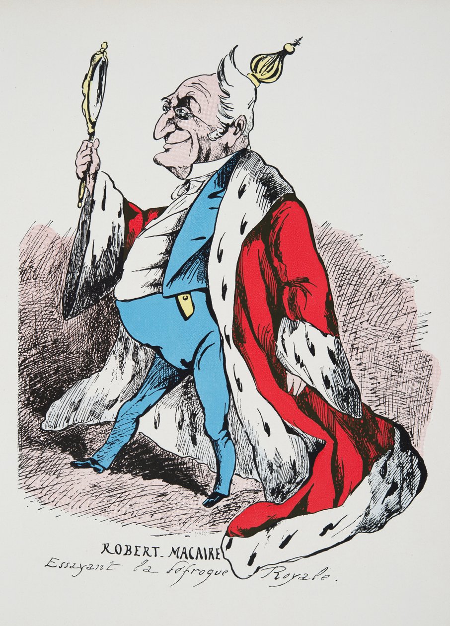 Robert Macaire - Trying on the Royal Disfrock, Histoire de la Troisieme Republique, Vol. I, Poliittinen historia, pub.1933 (väri litho) tekijältä French Photographer