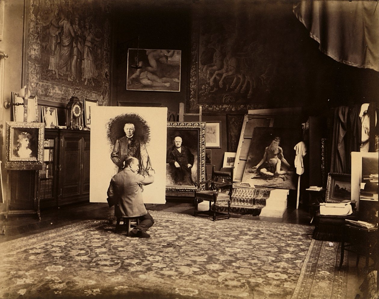 Taidemaalari Leon Bonnatin studio, n. 1890 (valkovalkoinen kuva) tekijältä French Photographer