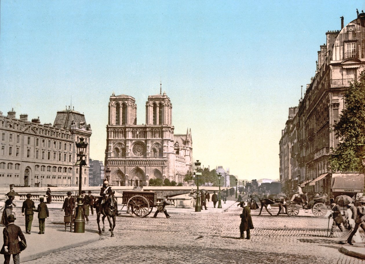 Notre Damen läntinen julkisivu ja Pont St. Michel, Pariisi, pubi. noin 1900 tekijältä French Photographer