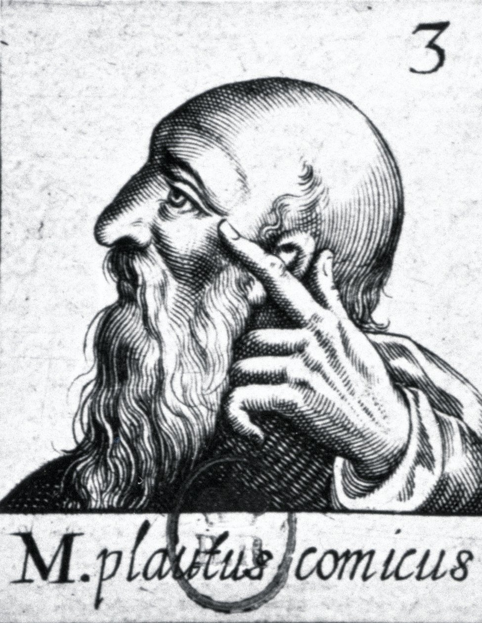 (myötäpäivään vasemmalta) Horatiuksen muotokuva (65-8 eKr.); muotokuva Scipio Aemilianuksesta (Africanus Minor) (185-129 eKr.); Plautuksen (n. 254-184 eKr.) muotokuva (84908:n yksityiskohta) tekijältä French School