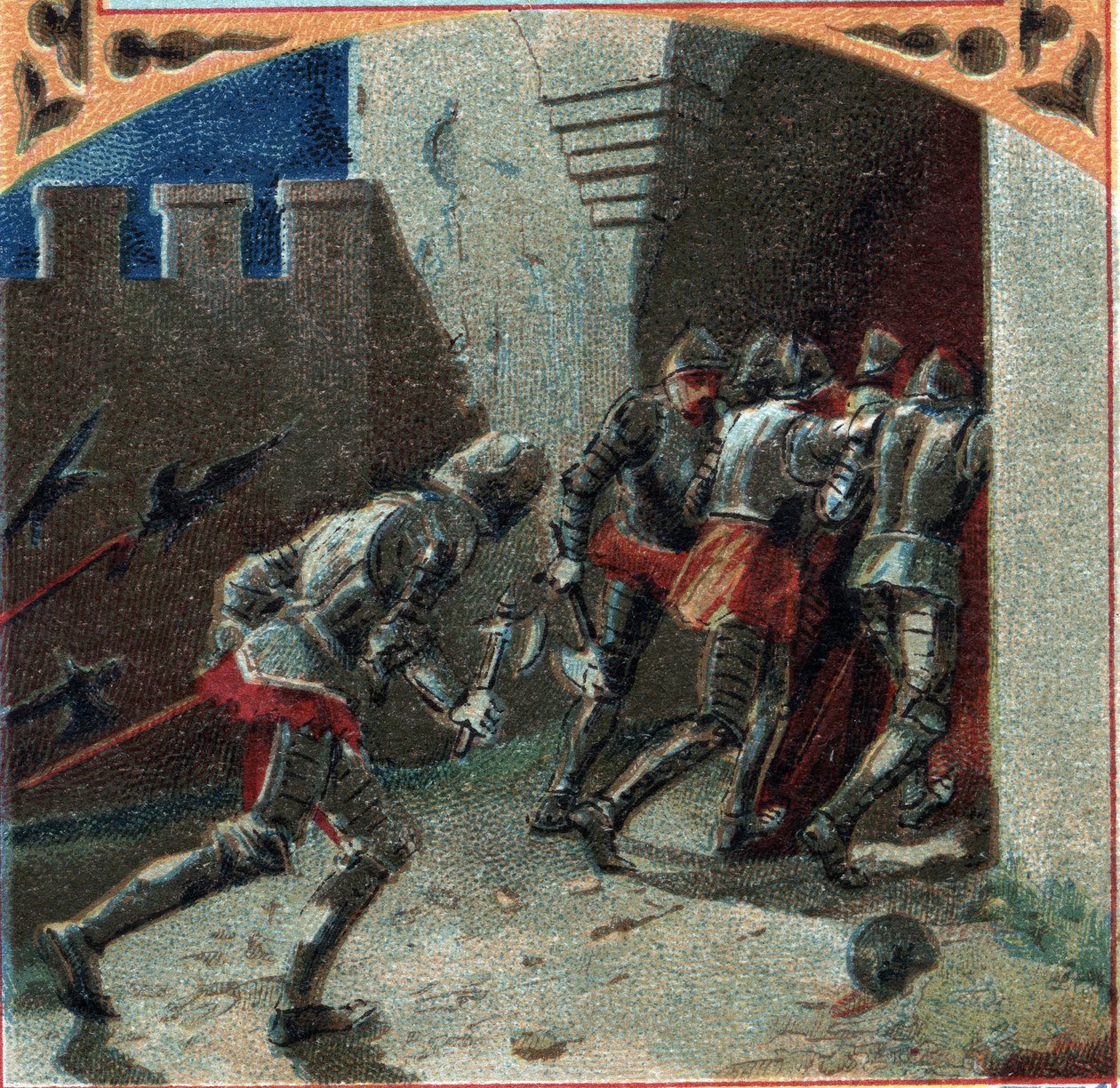 100-vuotinen sota: burgundien armeija valtasi Pierrefondsin linnan pettämällä (1300-luku). 1800-luvun lopun kromolitografia tekijältä French School