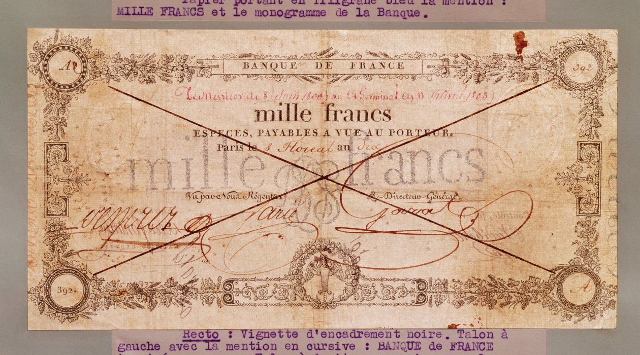 1000 frangin seteli 8 Floreal, An X (28. huhtikuuta 1802) (muste paperille) tekijältä French School