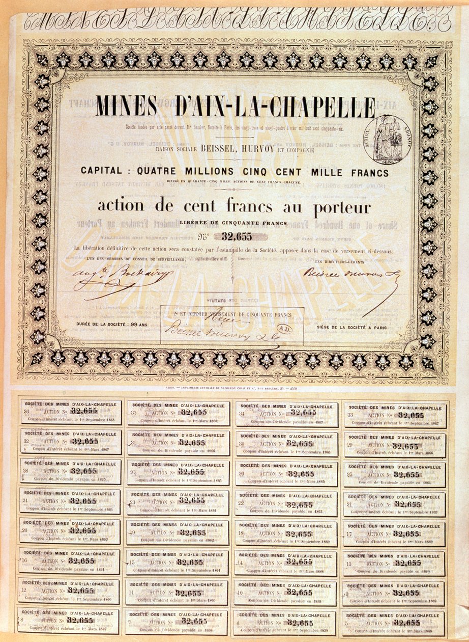 100 frangia Aachenin kaivosten kantajaosuus, 1856 tekijältä French School