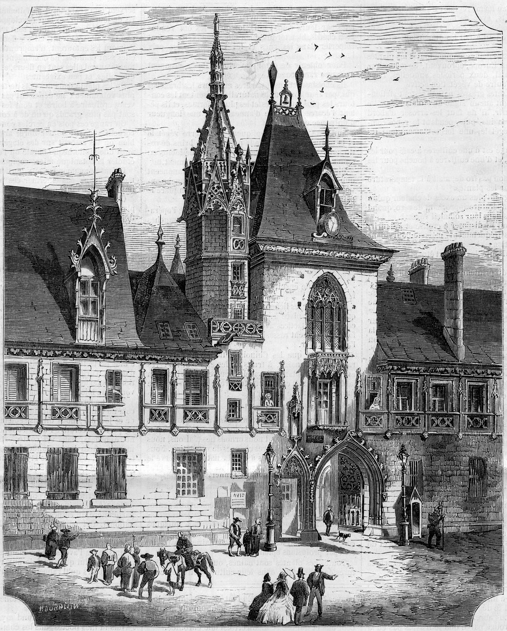 1400-luvun goottilainen arkkitehtuuri: ranskalaisen kauppiaan Jacques Coeurin (1395-1456) talon sisäpihan julkisivu. Bourges, Cher (18) tekijältä French School