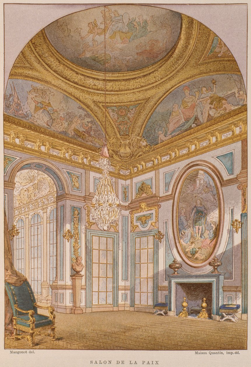 1600-luvun Salon de la Paix, Chateau de Versailles, kuvitus Henry Havardin Sisustus- ja sisustussanakirjasta, osa 4, levy 36, Paris, Maison Quantin, 1878 (väri li tekijältä French School