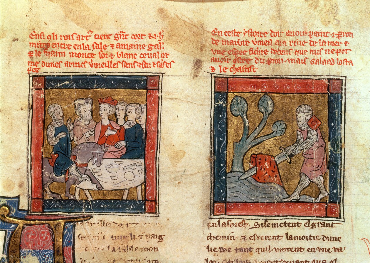 184 Fr.110 f.405 Galahad tulee Arthurin luo ja Galahad vetää miekan kelluvasta kivestä Camelotissa, n. 1250-80 (katso myös 150479) tekijältä French School