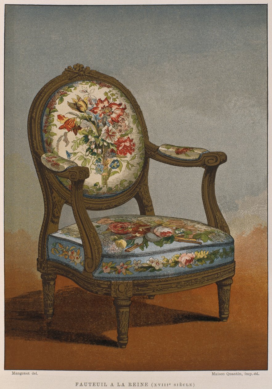 1700-luvun a la reine -nojatuoli kukkakuidolla, kuvitus Henry Havardin Dictionnaire de lameublement et de la decoration, osa 4, levy 29, Paris, Maison Quantin, 1878 (väri) tekijältä French School