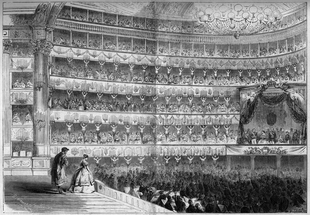 1700-luvun arkkitehtuuri: sisäkuva Theatre Royalista (Teatro Regio) Torinossa (Italia) gaalanäytöksen aikana 23. tammikuuta tekijältä French School