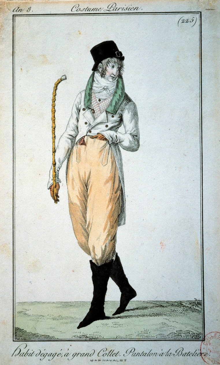 1700-luvun muoti: Pariisilainen puku isolla kauluksella, housut veneillä. Pariisi, Musee du Costume tekijältä French School