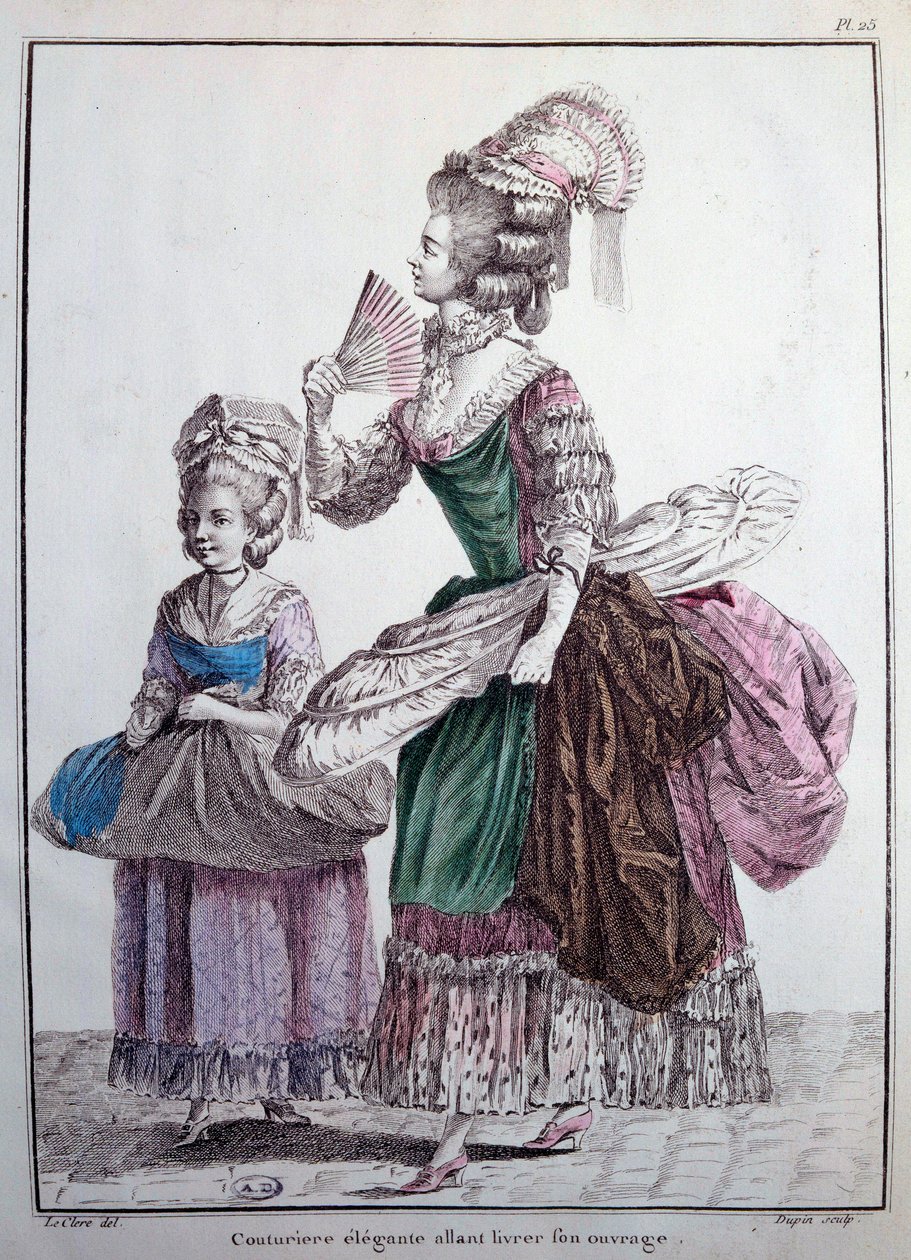 1700-luvun muotia: tyylikäs suunnittelija, joka toimittaa töitään, naisten pukeutumisen tukena käytetty alushame, jossa on valaita. Kaiverrus 1778 Pariisista, koristetaide tekijältä French School