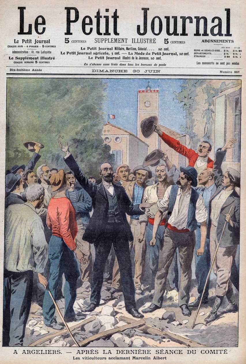 1907 - viinikriisi Etelä-Ranskassa - "Le Petit Journal" -sanomalehden etusivu 30. kesäkuuta 1907 (kaiverrus) tekijältä French School
